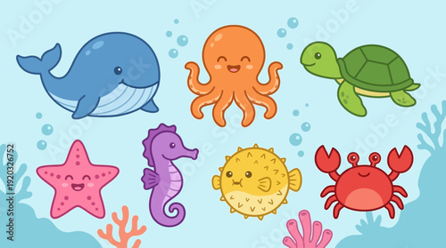 Charming collection of adorable marine animals in a playful vector illustration style, perfect for children's books, educational materials, and underwater adventure themes