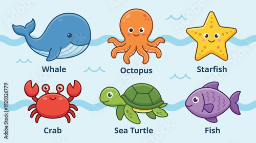 Cute Cartoon Ocean Animal Characters Set Featuring a Whale, Octopus, Starfish, Crab, Sea Turtle, and Fish