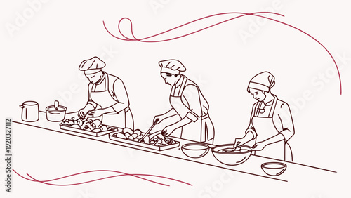 Chefs preparing food in professional kitchen setting