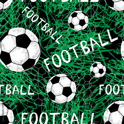 Seamless football pattern with soccer balls, handwritten text, and hexagon net texture on green background. Sports themed design ideal for kids textiles, packaging, wallpapers, and athletic branding.