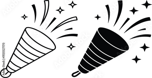 Black battery charge level icon set, Black party popper silhouette set, festive confetti explosion icons