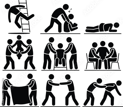 Illustrations of various emergency and rescue scenarios involving individuals