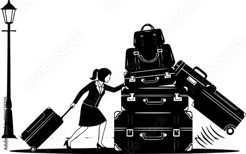 Urban transportation challenge: A woman's struggle with luggage
