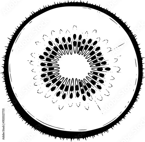 Minimalist sumi-e style illustration of a sliced kiwi fruit in b
