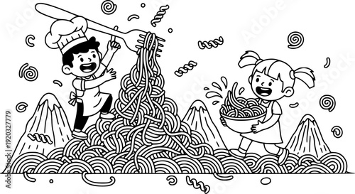 Playful culinary exploration with cartoon children and noodle de
