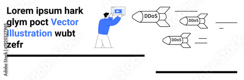Man holding tablet while missiles labeled DDoS approach. Ideal for cybersecurity awareness, data protection, online threats, digital safety, IT risks, software defense, simple landing page
