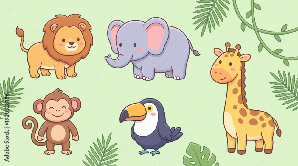 Obraz premium Cute jungle animal characters vector bundle with lion, elephant, monkey, toucan, and giraffe on a light green background with leaves