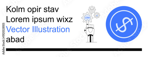 Business solutions, CRM systems, financial services, automation, technology, workflow management. Hand pointing at CRM gear icons and dollar logo. Business solutions and CRM systems theme