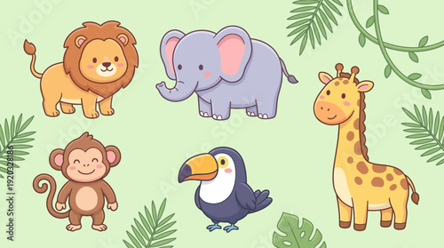 Cute jungle animal characters vector bundle with lion, elephant, monkey, toucan, and giraffe on a light green background with leaves