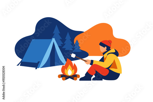 Person roasting marshmallow over campfire near tent.