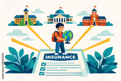 Student with Globe on Insurance Document Near Schools.