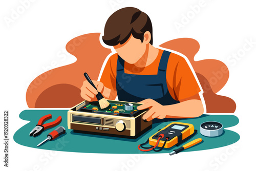 Technician repairs electronic device with tools and multimeter.
