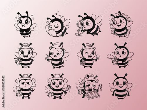 Adorable Cartoon Bee Character Set: Happy, Sleepy, Curious, and Beekeeper Mascots in Outline Style