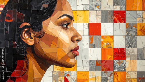 Abstract geometric mosaic portrait of a womans profile with vibrant colors.