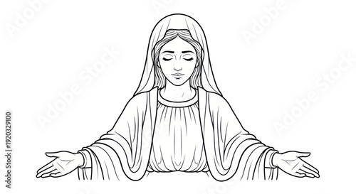 Virgin Mary Line Drawing, Religious Iconography, Christian Faith, Spiritual Art
