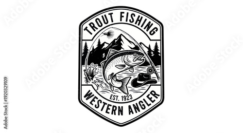 Trout Fishing Emblem: Jumping Trout, Mountains, Forest, Western Angler Logo
