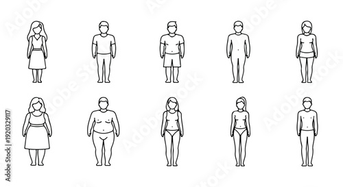 Diverse Body Types Icon Set: Representing Different Shapes, Sizes, and Genders in Simple Line Art