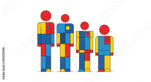 Colorful geometric figures representing diversity and different personalities in a group of people