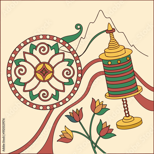 Colorful vector illustration of a Tibetan Buddhist prayer wheel, mandala, and mountain landscape.