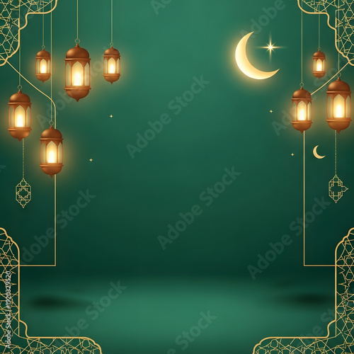 Elegant Green Islamic Background Design with Glowing Lanterns Crescent Moon and Golden Patterns