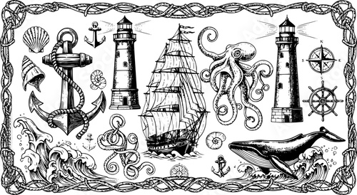 Classic nautical elements illustration featuring vintage sailing ships, intricate anchors, detailed lighthouses, a mysterious octopus, majestic whales, and coiled ropes meticulously arranged