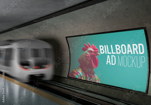 Metro Station Billboard Mockup with Motion Train and Urban Advertising