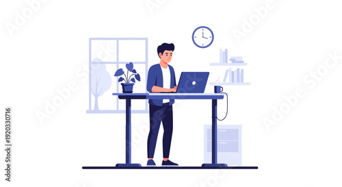Modern freelance professional working remotely on laptop at a standing desk in a contemporary home office environment illustration