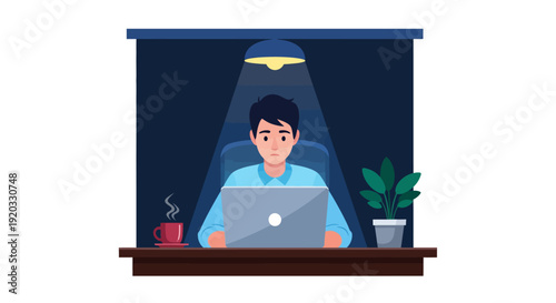 Dedicated male freelancer working late into the night on his laptop at a desk, illuminated by a warm lamp, showcasing remote work and productivity