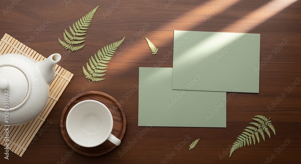 Fototapeta premium Cozy Tea Time Setup with Green Cards and Natural Light.
