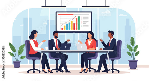Diverse business professionals collaborating in a productive boardroom meeting, analyzing growth charts and strategic data for future success and progress