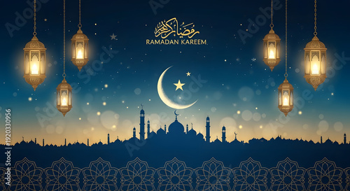 Ramadan Kareem celebration with mosque silhouette and glowing lanterns