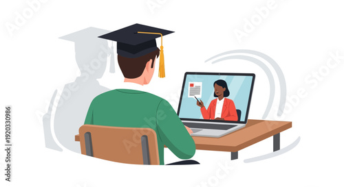 Online learning concept Student attending virtual class with teacher on laptop screen, symbolizing education and knowledge acquisition