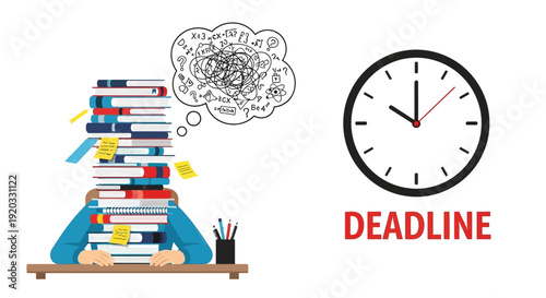 Overwhelmed student struggling with a large pile of books and a looming deadline represented by a clock and chaotic thoughts