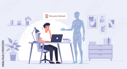 Man faces resume deletion on laptop, observed by an AI figure, symbolizing the growing impact of artificial intelligence on job applications and future careers