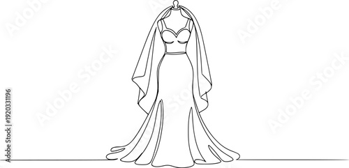Continuous one line drawing of dress on mannequin. Wedding dress in one line style, isolated on white background. Vector illustration.