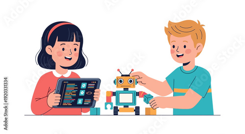 Children building and programming a robot with a tablet, exploring STEM education and technology