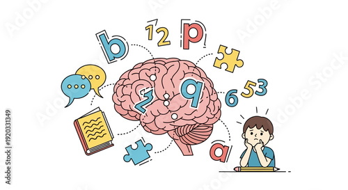 Child cognitive development. Brain surrounded by key learning elements letters, numbers, books, and puzzles. Depicts thinking, education, and problem-solving