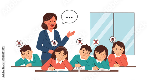 A dedicated teacher explains a lesson to bored students in a classroom, with some students appearing distracted and disengaged, illustrating the challenge of maintaining student attention