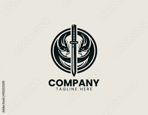 Katana sword surrounded by dragons inside a circle black vector logo illustration