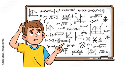 Confused student struggling with complex mathematical equations and formulas on a whiteboard, illustrating the challenges of learning advanced algebra