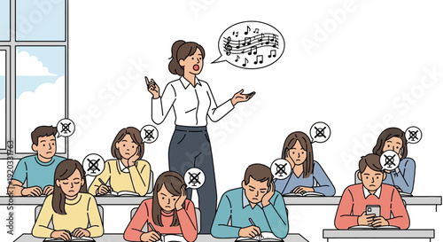 Teacher addresses disengaged students in a classroom setting, highlighting a lack of attention during the lesson