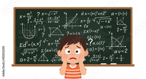 Young student feeling overwhelmed and stressed by intricate mathematics displayed on a blackboard, a clear depiction of academic struggle