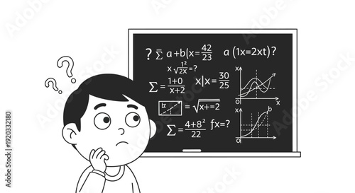 Young student looking puzzled and overwhelmed by a blackboard full of difficult mathematical equations and complex formulas, illustrating common learning challenges and academic struggle