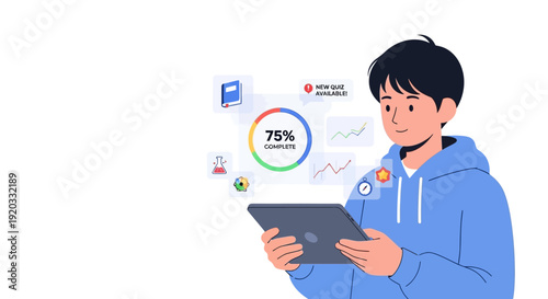 Digital learning and progress tracking with a young person using a tablet, showcasing educational milestones and achievements