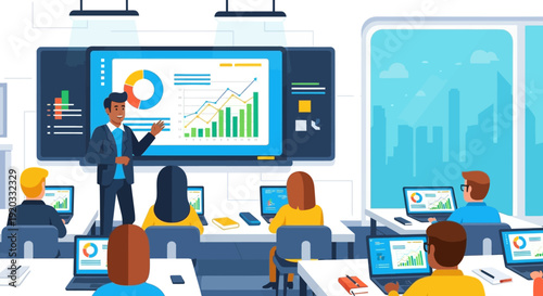 Instructor presenting business data analysis to students with laptops in a modern corporate training session, fostering professional development