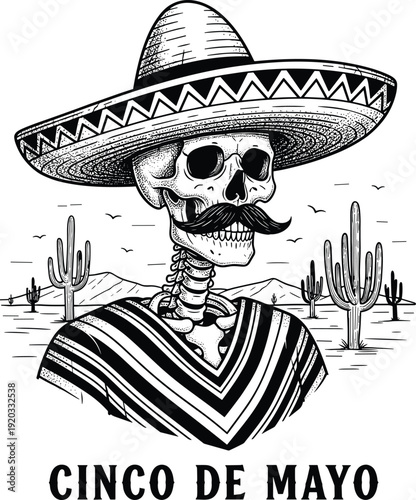 Cinco De Mayo Skeleton Mariachi in Desert Landscape Illustration, Silhouette, vector