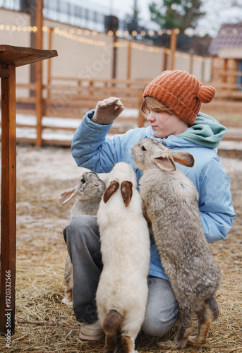 Child feeds rabbits at farm in winter season outside