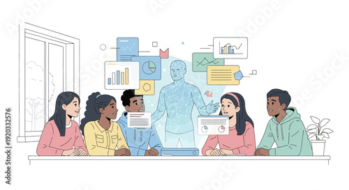 Diverse group of people in a modern office setting collaborating around a table with digital data displays and holographic projections