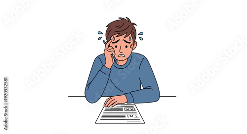 Stressed student sweating profusely while taking a difficult exam, feeling overwhelmed and anxious