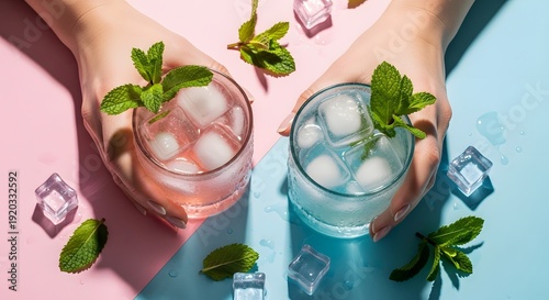 Hands hold two refreshing mint cocktails on contrasting pink and blue background surfaces with scattered ice cubes.